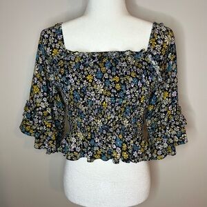 Patrons Of Peace Top Sz M Floral Smocked Crop Elbow Sleeve Blue/Yellow #894